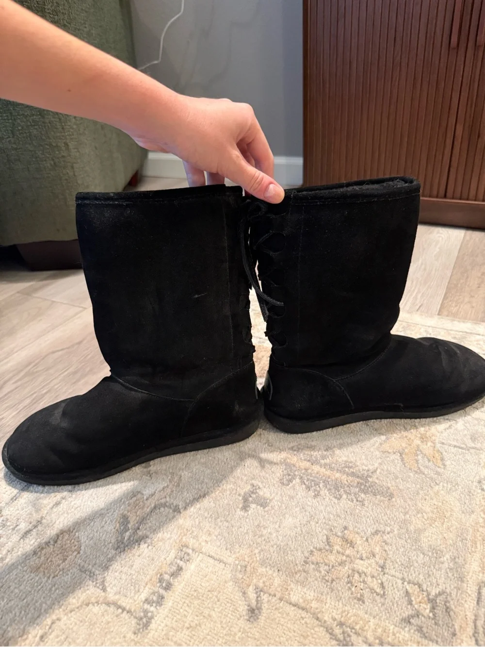 BearPaw Black Suede Lace-Up Tall Women's Boots